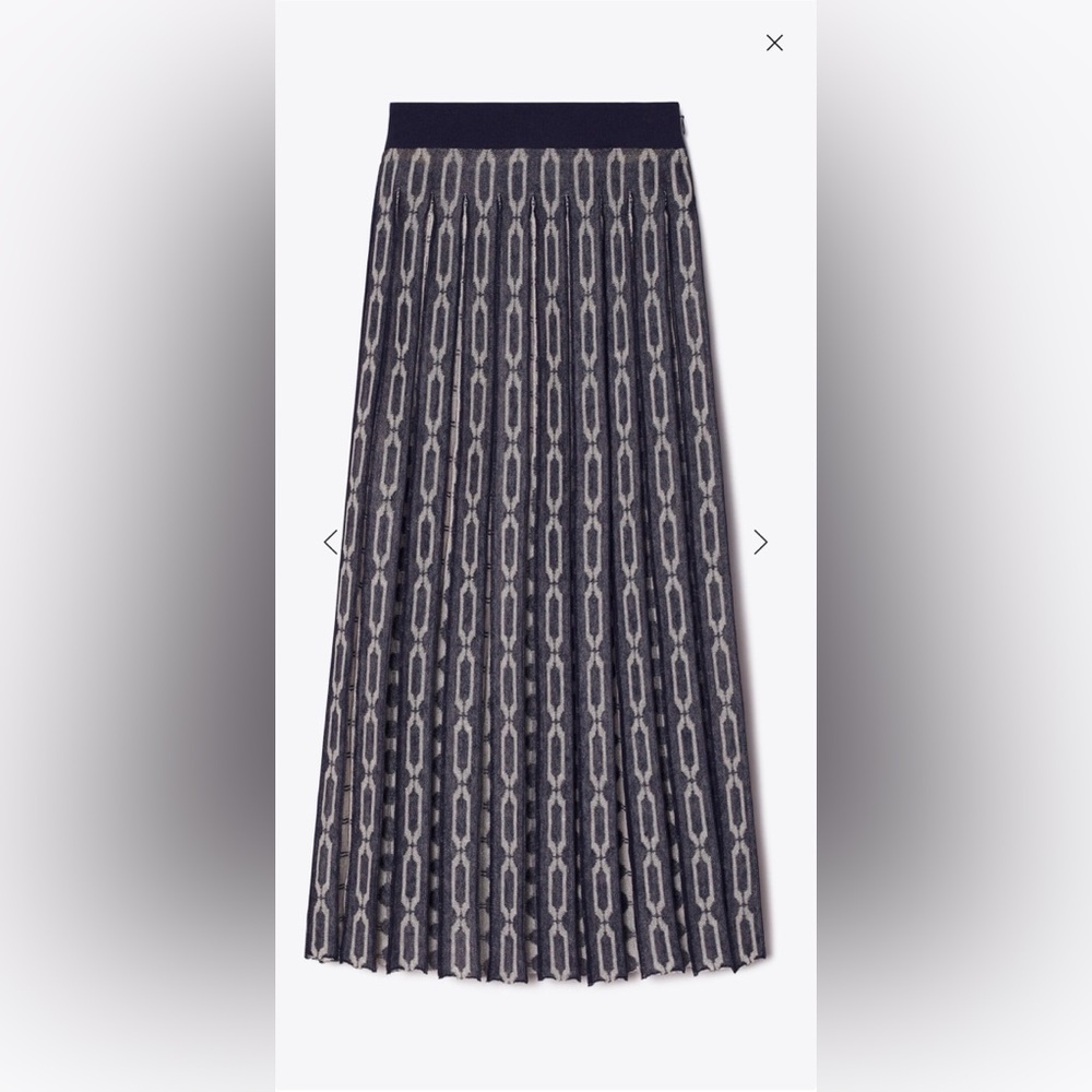 Tory Burch Pleated Knit Jacquard Midi Skirt Navy Link Print Size M